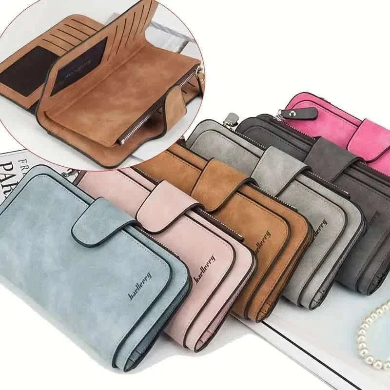 Assorted-color long wallets with snap closures and zippered pockets, laid out