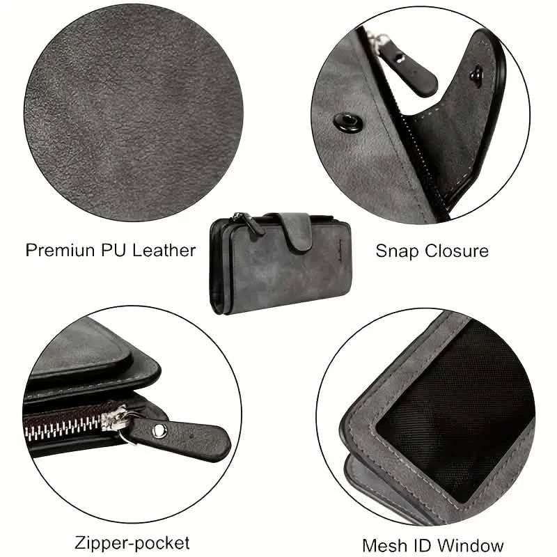 Vintage Faux Leather Long Wallet – Trifold Credit Card Holder with Snap & Zipper Cartsfy Inc.