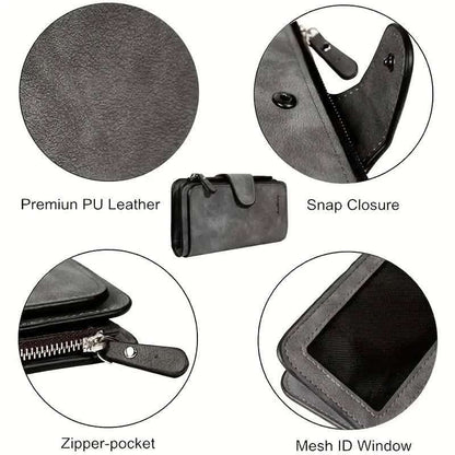 Vintage Faux Leather Long Wallet – Trifold Credit Card Holder with Snap & Zipper Cartsfy Inc.