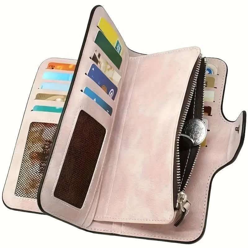 Vintage Faux Leather Long Wallet – Trifold Credit Card Holder with Snap & Zipper Cartsfy Inc.