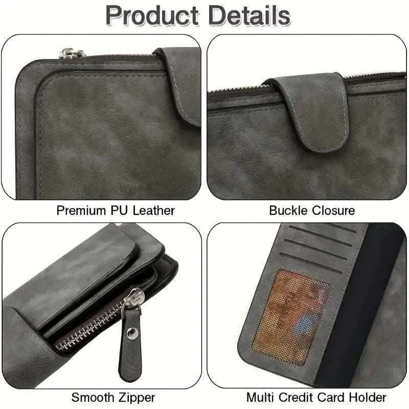 Vintage Faux Leather Long Wallet – Trifold Credit Card Holder with Snap & Zipper Cartsfy Inc.