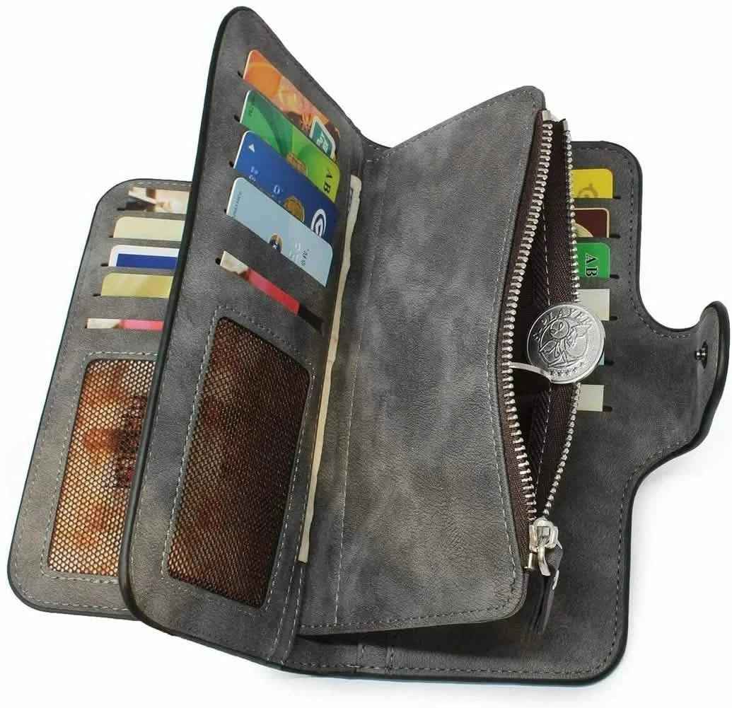 Vintage Faux Leather Long Wallet – Trifold Credit Card Holder with Snap & Zipper Cartsfy Inc.