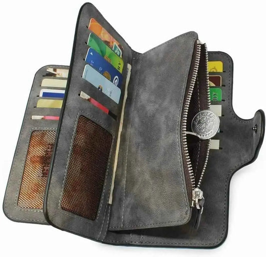 Vintage Faux Leather Long Wallet – Trifold Credit Card Holder with Snap & Zipper Cartsfy Inc.