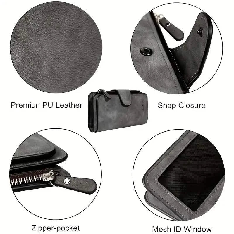 Vintage Faux Leather Long Wallet – Trifold Credit Card Holder with Snap & Zipper - Cartsfy Inc.