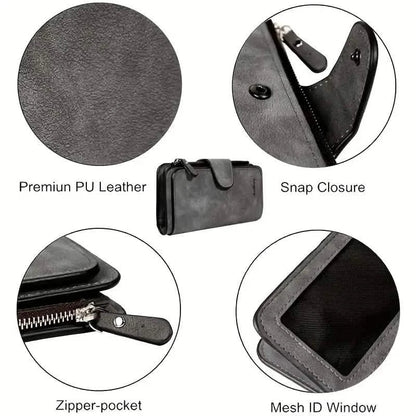 Vintage Faux Leather Long Wallet – Trifold Credit Card Holder with Snap & Zipper - Cartsfy Inc.
