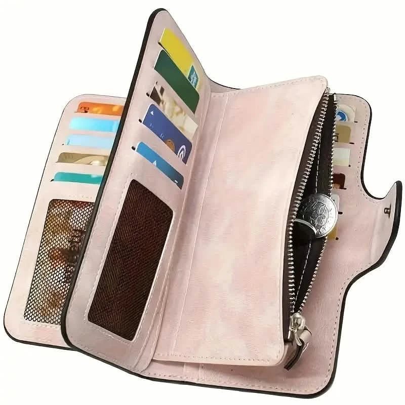 Vintage Faux Leather Long Wallet – Trifold Credit Card Holder with Snap & Zipper - Cartsfy Inc.