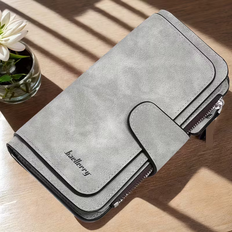 Vintage Faux Leather Long Wallet – Trifold Credit Card Holder with Snap & Zipper - Cartsfy Inc.