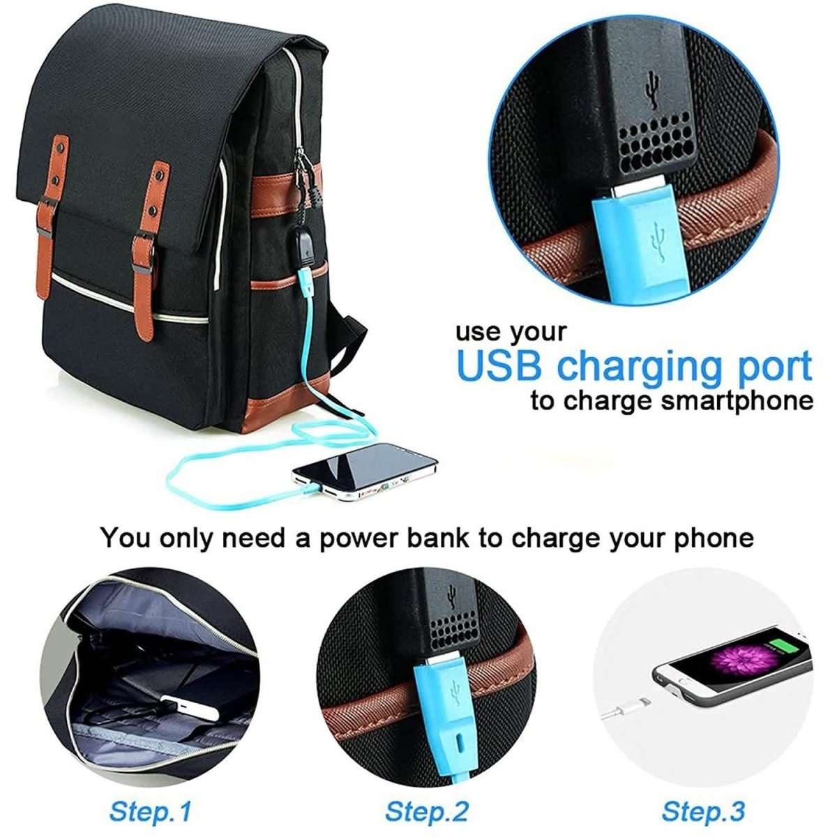 Vintage laptop backpack in black with leather trim, front flap, and side USB charging port