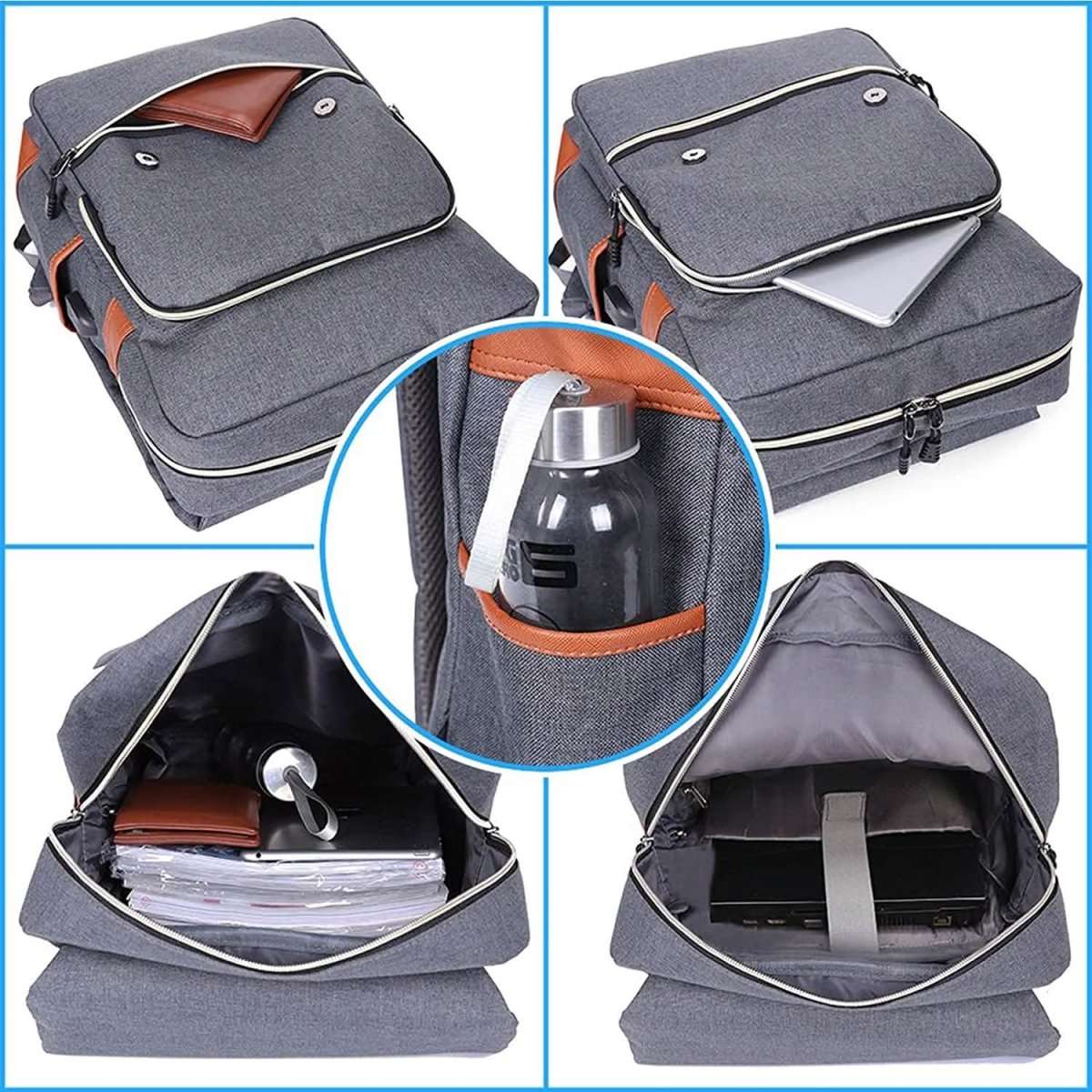 Gray vintage laptop backpack with zippered front pocket and interior compartment view