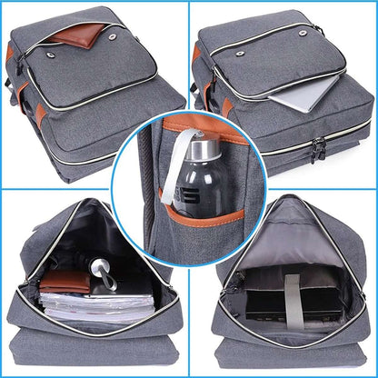 Gray vintage laptop backpack with zippered front pocket and interior compartment view