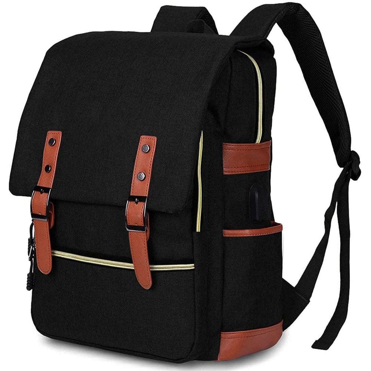 Black laptop backpack with front flap, brown leather straps, and front zipper pocket