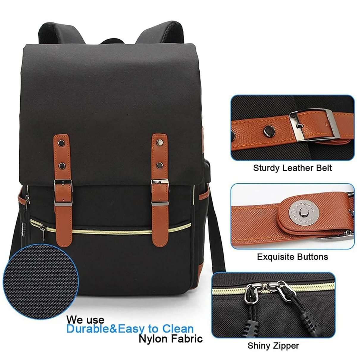 Vintage laptop backpack in dark gray with leather-style buckles and front zipper organizer