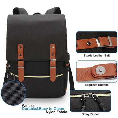 Vintage laptop backpack in dark gray with leather-style buckles and front zipper organizer