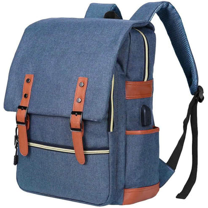Vintage laptop backpack in blue with front flap, leather buckle straps, and side bottle pocket