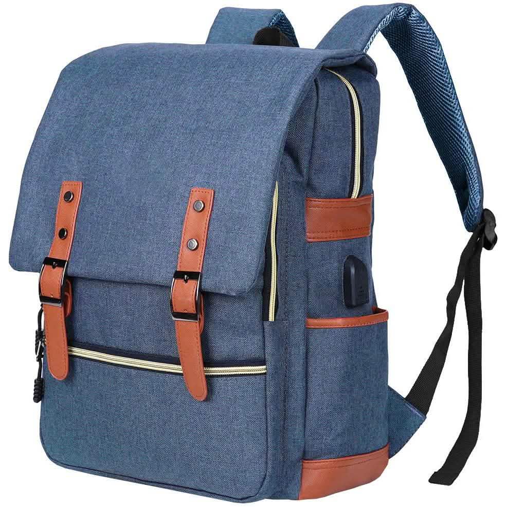 Vintage laptop backpack in blue with brown leather-style straps and flap front pocket