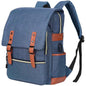 Vintage laptop backpack in blue with brown leather-style straps and flap front pocket