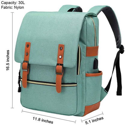 Vintage laptop backpack in teal with leather-style buckles and side bottle pocket