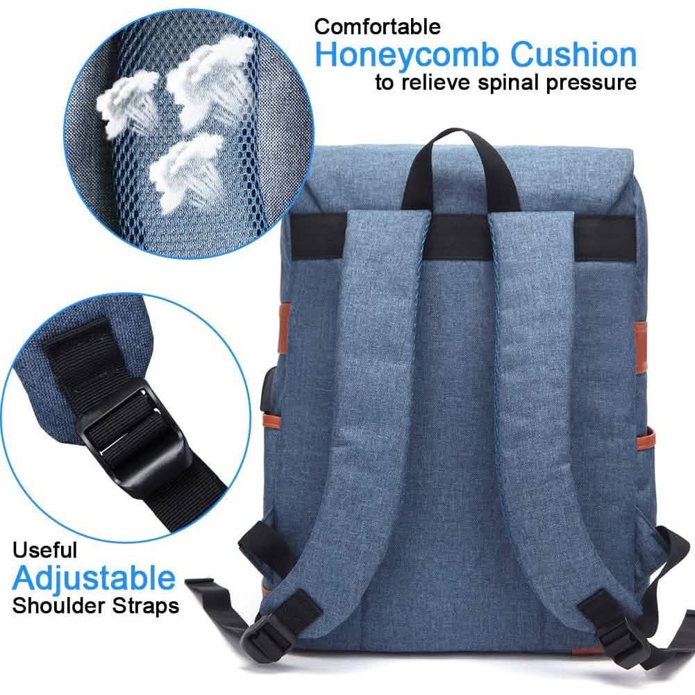Laptop backpack, blue-gray fabric with padded shoulder straps and honeycomb back cushion