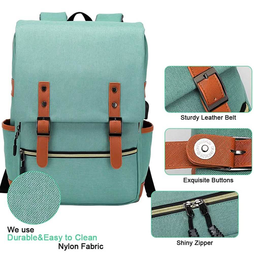 Vintage laptop backpack in teal with leather-style buckles, front flap, and side zipper pocket