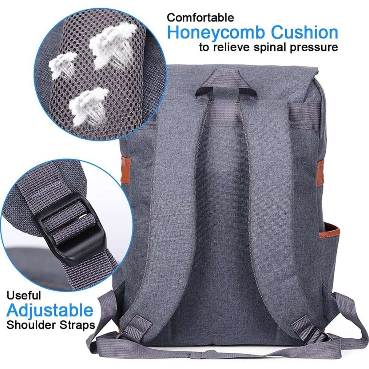 Laptop backpack, gray fabric with honeycomb cushioned back panel and adjustable shoulder straps