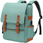 Teal laptop backpack with front flap, brown leather straps, and front zip pocket