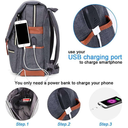 Vintage laptop backpack in gray with top zipper, front straps, and side USB charging port