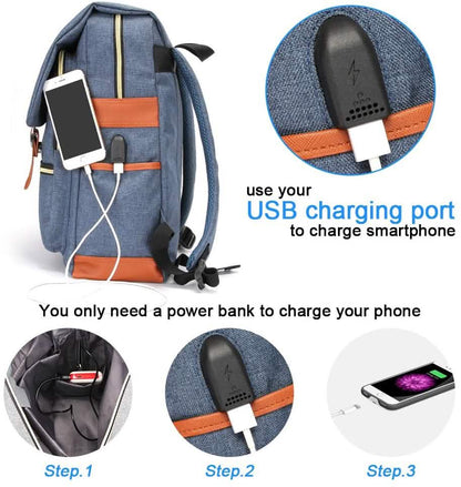 Laptop backpack, blue-gray fabric with orange accents and USB charging port on side pocket