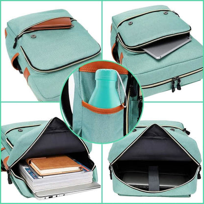 Laptop backpack, teal canvas with orange leather trim, front flap, and zip pocket