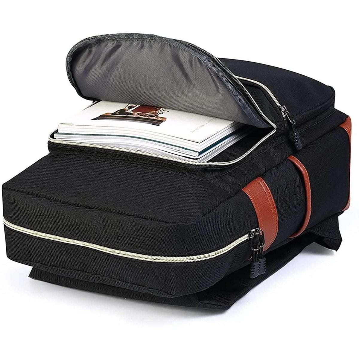 Vintage laptop backpack in black with leather trim straps and top zipper compartment
