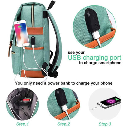 Laptop backpack, teal canvas with orange accents, side view and USB charging port