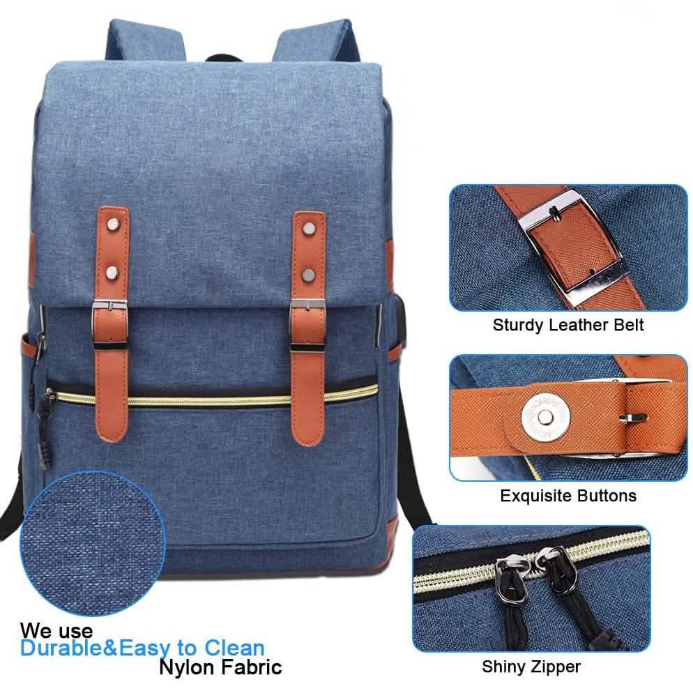 Vintage laptop backpack in blue with leather-style buckles, front flap, and side zipper pocket