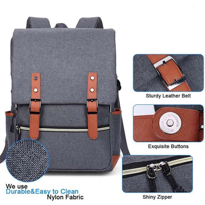 Gray vintage laptop backpack with brown buckle straps and shiny zipper detail