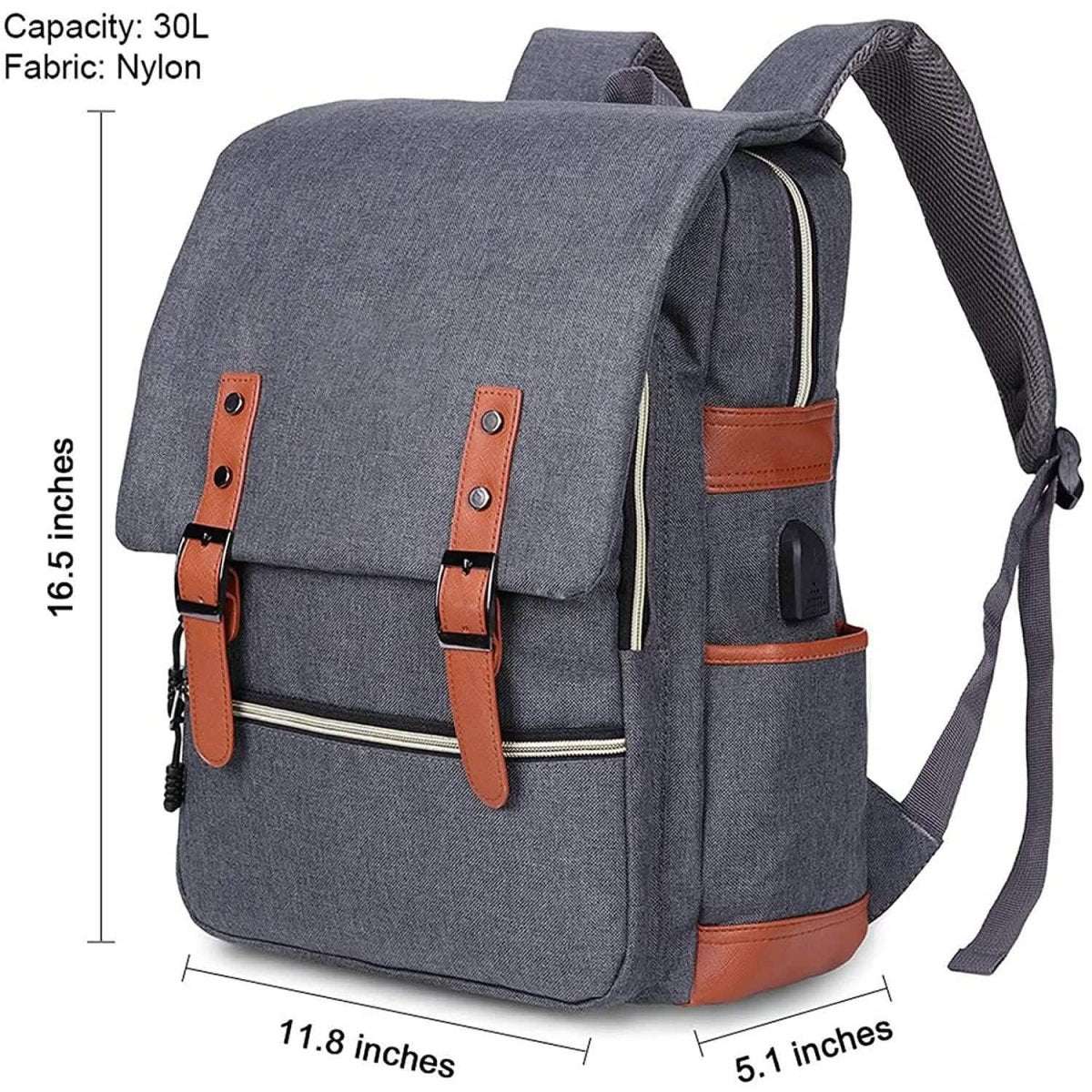 Laptop backpack, gray fabric with brown leather straps, padded top handle, and side pocket