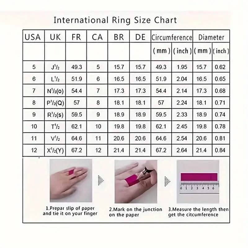 International ring size chart showing circumference and diameter with measuring instructions
