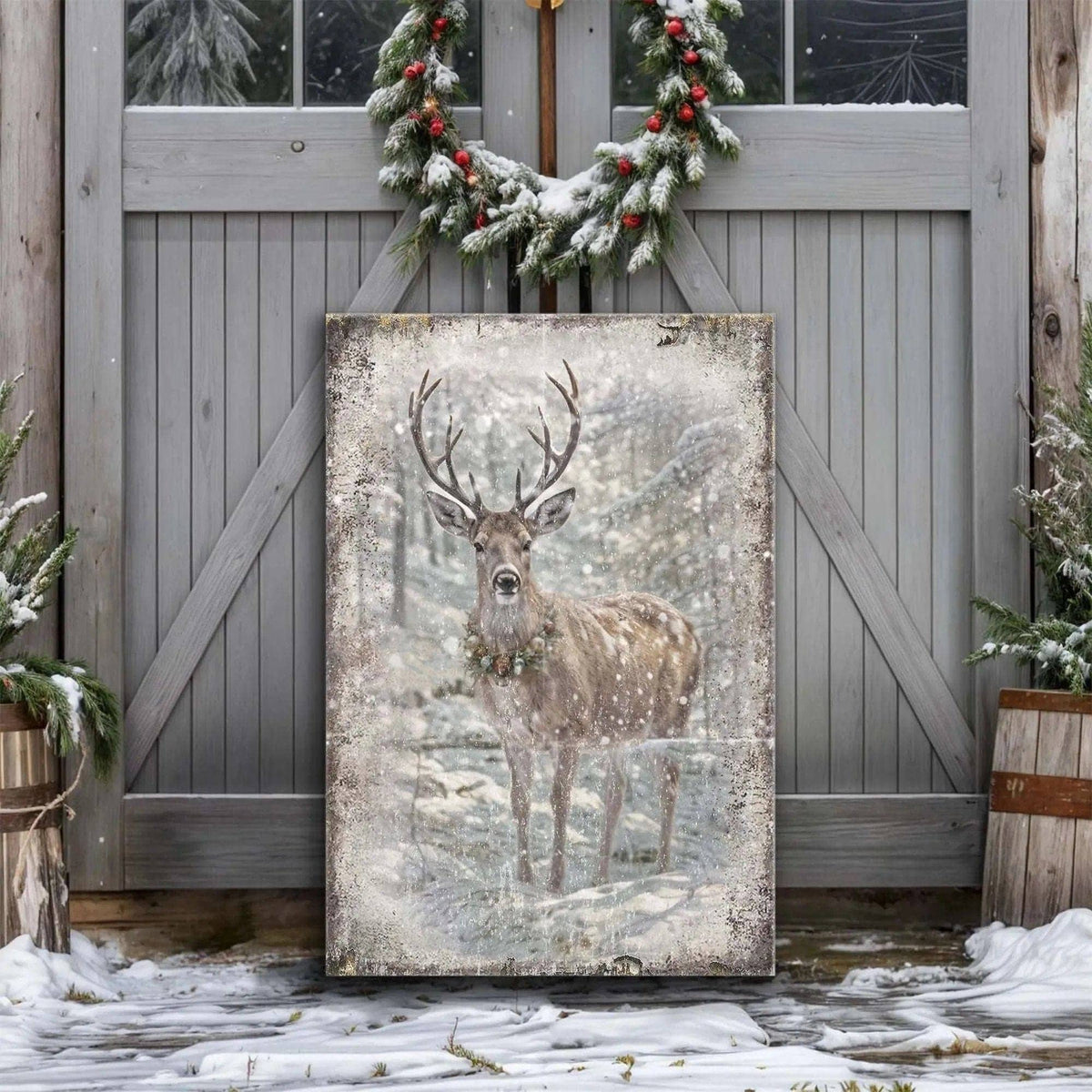 Vintage Winter Deer Christmas Wall Art III Tailored Canvases 18x12 inch Medium Premium Gallery Wrapped 24x16 inch Large Premium Gallery Wrapped 36x24 inch Extra Large Premium Gallery Wrapped 18x12 inch Medium Premium Gallery Wrapped-24x16 inch Large Premium Gallery Wrapped-36x24 inch Extra Large Premium Gallery Wrapped-