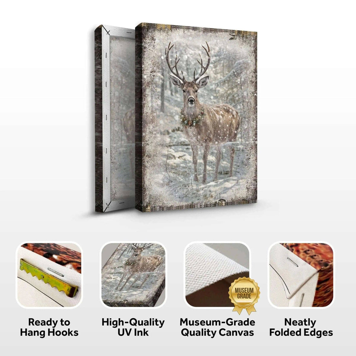 Vintage Winter Deer Christmas Wall Art III Tailored Canvases 18x12 inch Medium Premium Gallery Wrapped 24x16 inch Large Premium Gallery Wrapped 36x24 inch Extra Large Premium Gallery Wrapped 18x12 inch Medium Premium Gallery Wrapped-24x16 inch Large Premium Gallery Wrapped-36x24 inch Extra Large Premium Gallery Wrapped-