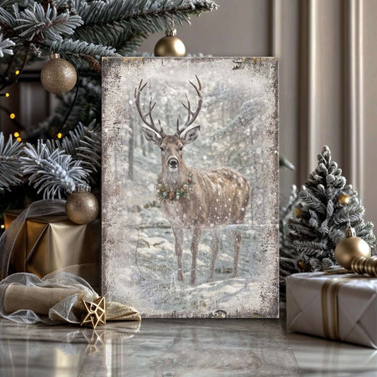 Vintage Winter Deer Christmas Wall Art III Tailored Canvases 18x12 inch Medium Premium Gallery Wrapped 24x16 inch Large Premium Gallery Wrapped 36x24 inch Extra Large Premium Gallery Wrapped 18x12 inch Medium Premium Gallery Wrapped-24x16 inch Large Premium Gallery Wrapped-36x24 inch Extra Large Premium Gallery Wrapped-