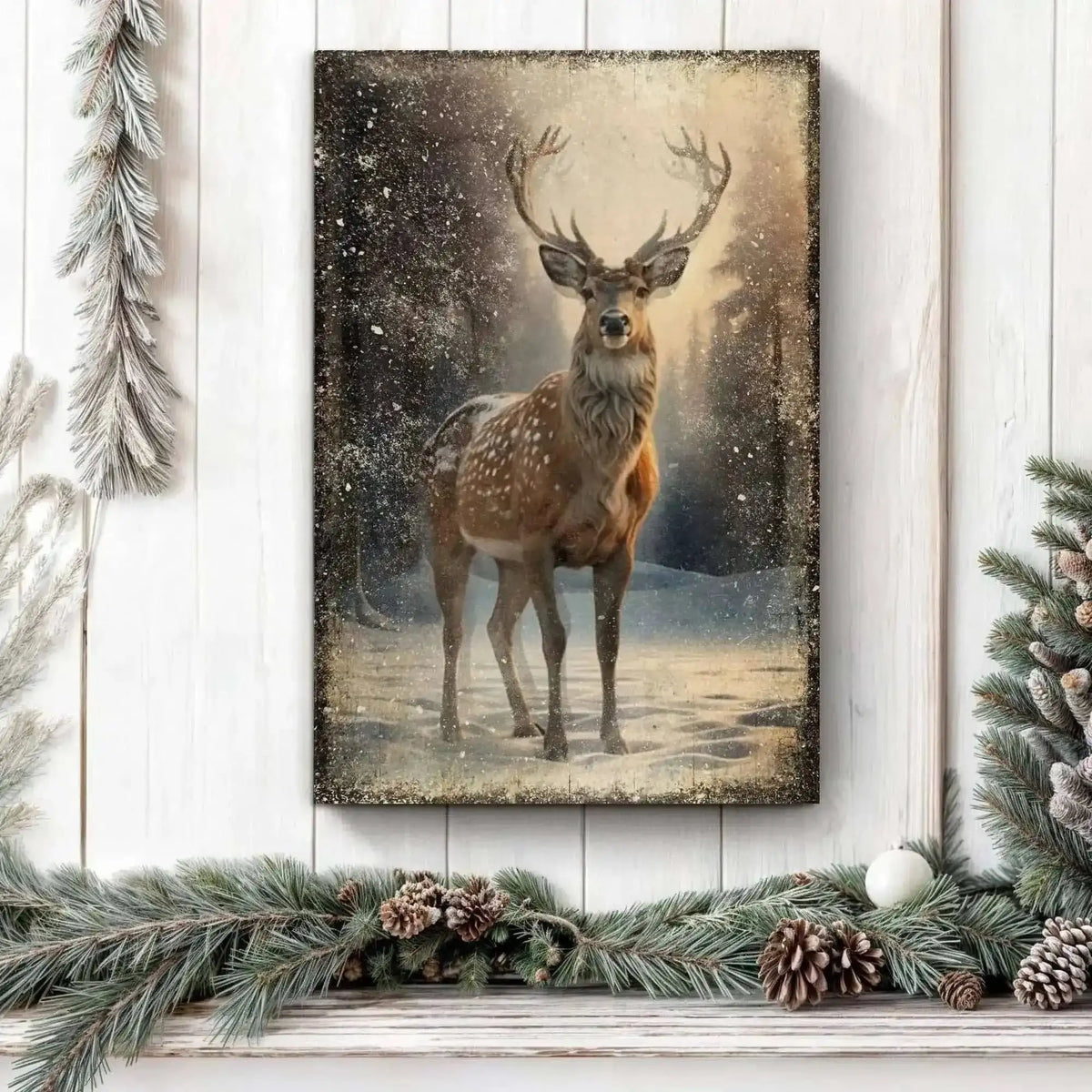 Vintage Winter Deer Christmas Wall Art IV Tailored Canvases 18x12 inch Medium Premium Gallery Wrapped 24x16 inch Large Premium Gallery Wrapped 36x24 inch Extra Large Premium Gallery Wrapped 18x12 inch Medium Premium Gallery Wrapped-24x16 inch Large Premium Gallery Wrapped-36x24 inch Extra Large Premium Gallery Wrapped-