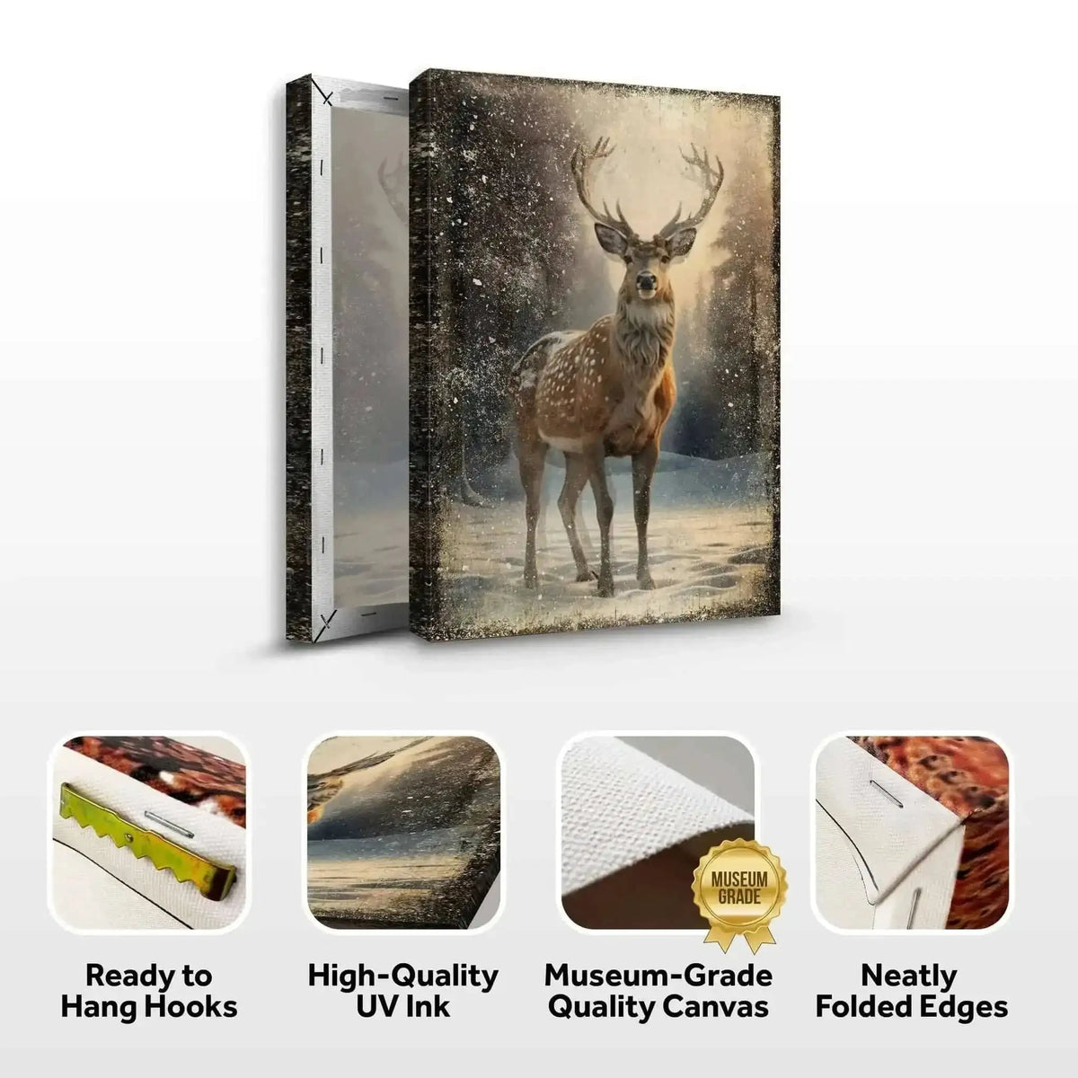 Vintage Winter Deer Christmas Wall Art IV Tailored Canvases 18x12 inch Medium Premium Gallery Wrapped 24x16 inch Large Premium Gallery Wrapped 36x24 inch Extra Large Premium Gallery Wrapped 18x12 inch Medium Premium Gallery Wrapped-24x16 inch Large Premium Gallery Wrapped-36x24 inch Extra Large Premium Gallery Wrapped-