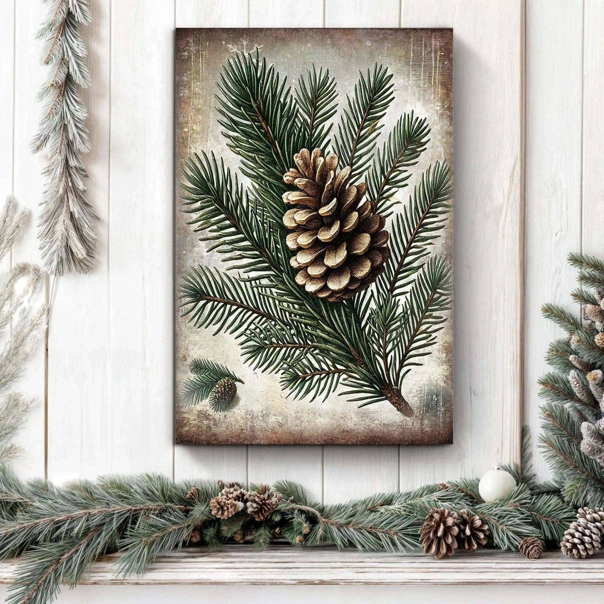 Vintage Winter Pine Cone Christmas Wall Art Tailored Canvases 18x12 inch Medium Premium Gallery Wrapped 24x16 inch Large Premium Gallery Wrapped 36x24 inch Extra Large Premium Gallery Wrapped 18x12 inch Medium Premium Gallery Wrapped-24x16 inch Large Premium Gallery Wrapped-36x24 inch Extra Large Premium Gallery Wrapped-