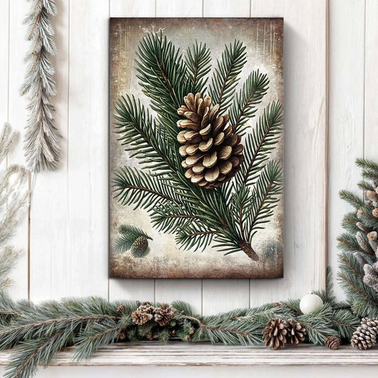 Vintage Winter Pine Cone Christmas Wall Art Tailored Canvases 18x12 inch Medium Premium Gallery Wrapped 24x16 inch Large Premium Gallery Wrapped 36x24 inch Extra Large Premium Gallery Wrapped 18x12 inch Medium Premium Gallery Wrapped-24x16 inch Large Premium Gallery Wrapped-36x24 inch Extra Large Premium Gallery Wrapped-