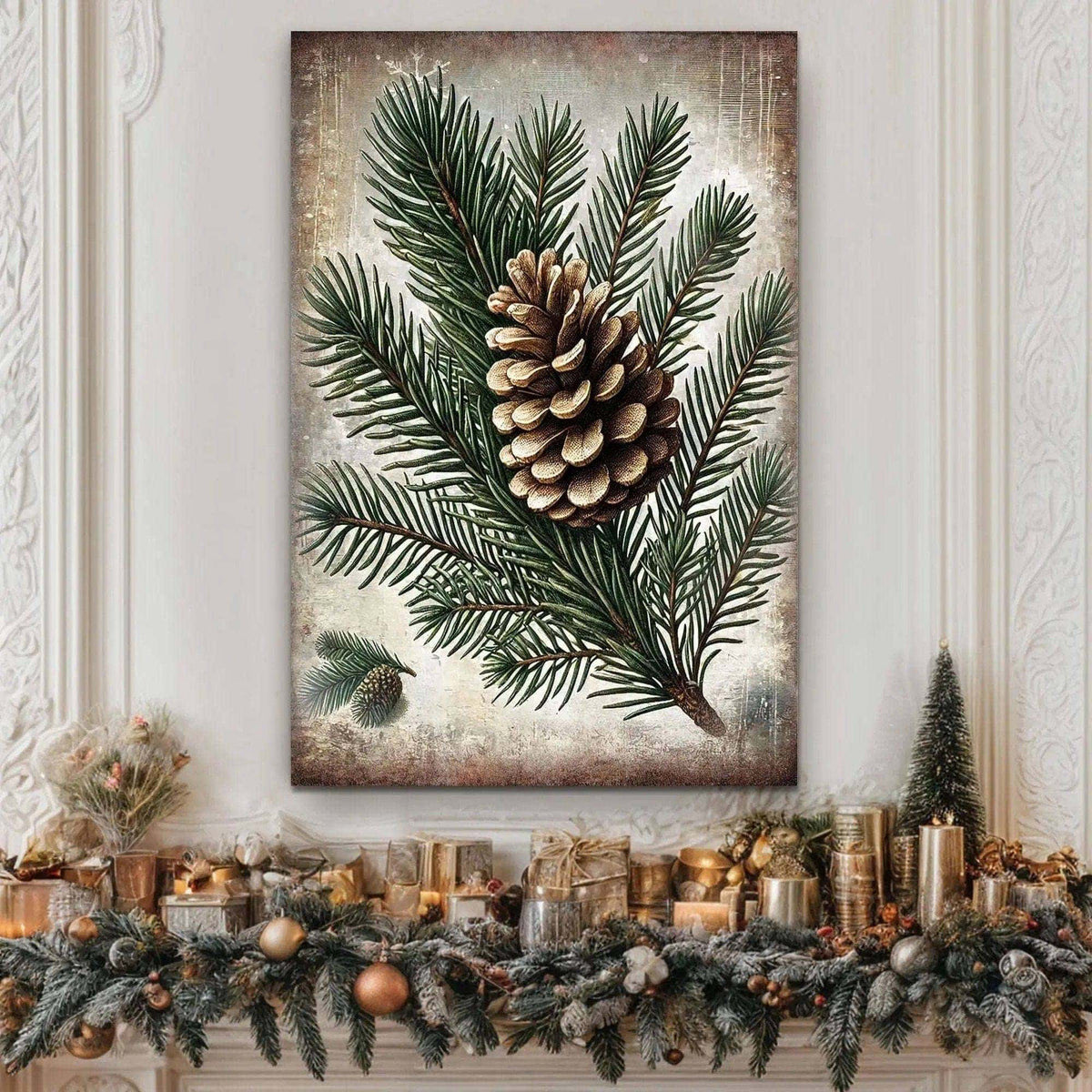 Vintage Winter Pine Cone Christmas Wall Art Tailored Canvases 18x12 inch Medium Premium Gallery Wrapped 24x16 inch Large Premium Gallery Wrapped 36x24 inch Extra Large Premium Gallery Wrapped 18x12 inch Medium Premium Gallery Wrapped-24x16 inch Large Premium Gallery Wrapped-36x24 inch Extra Large Premium Gallery Wrapped-