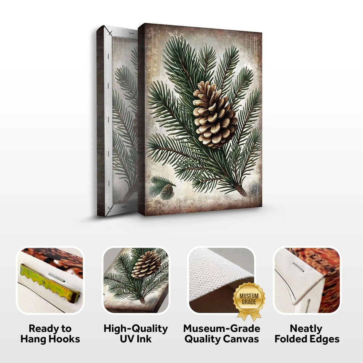 Vintage Winter Pine Cone Christmas Wall Art Tailored Canvases 18x12 inch Medium Premium Gallery Wrapped 24x16 inch Large Premium Gallery Wrapped 36x24 inch Extra Large Premium Gallery Wrapped 18x12 inch Medium Premium Gallery Wrapped-24x16 inch Large Premium Gallery Wrapped-36x24 inch Extra Large Premium Gallery Wrapped-