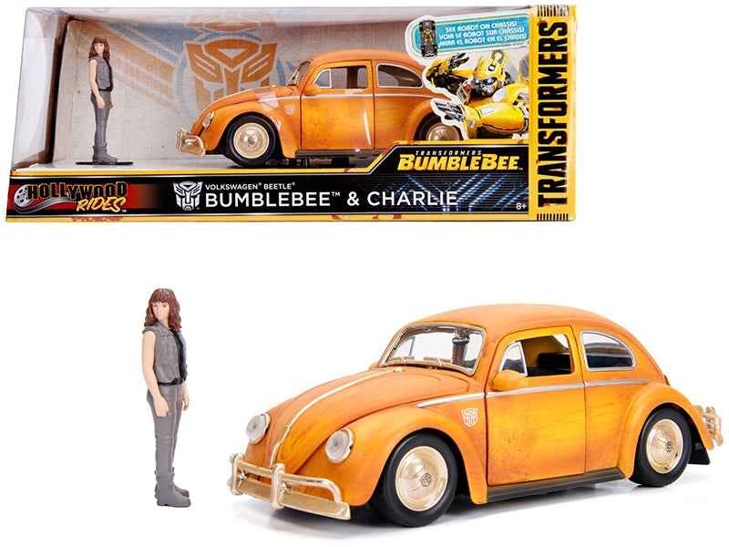 Volkswagen Beetle Weathered Yellow with Robot on Chassis and Charlie Diecast Figurine "Bumblebee" (2018) Movie ("Transformers" Series) "Hollywood Rides" Series 1/24 Diecast Model Car by Jada Miniature Motors Default Title Default Title-