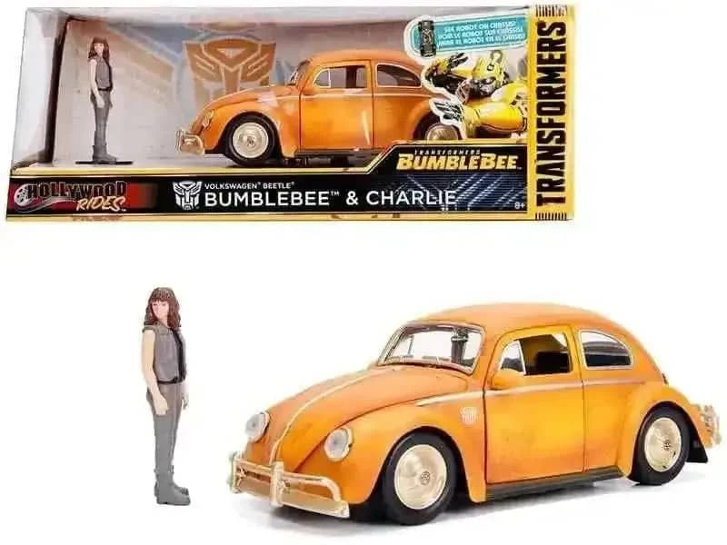 Volkswagen Beetle Weathered Yellow with Robot on Chassis and Charlie Diecast Figurine "Bumblebee" (2018) Movie ("Transformers" Series) "Hollywood Rides" Series 1/24 Diecast Model Car by Jada Cartsfy Inc.