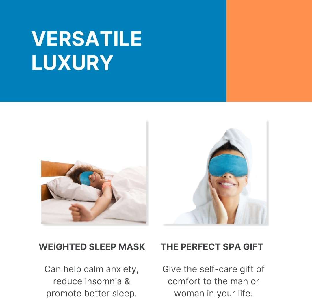 Warming eye mask worn on face with soft blue plush cover