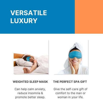 Warming eye mask worn on face with soft blue plush cover