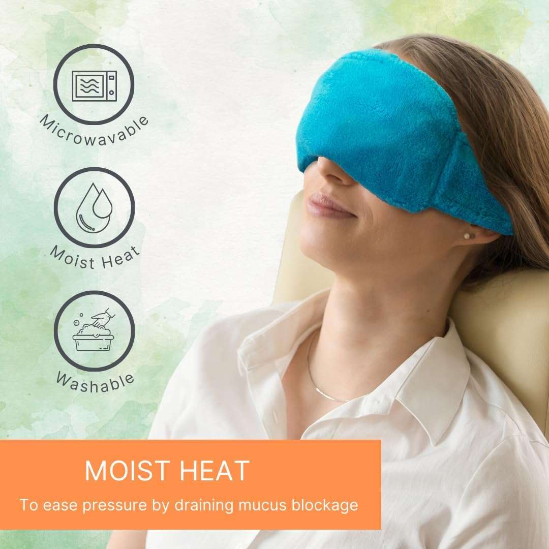 Blue plush warming eye mask on person’s forehead, side view