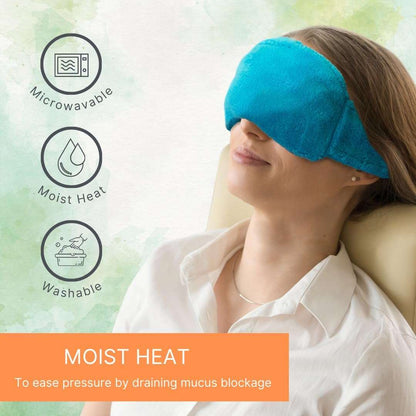 Blue plush warming eye mask on person’s forehead, side view