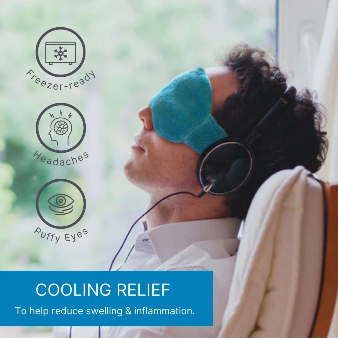 Blue plush warming eye mask on person, relaxing side profile
